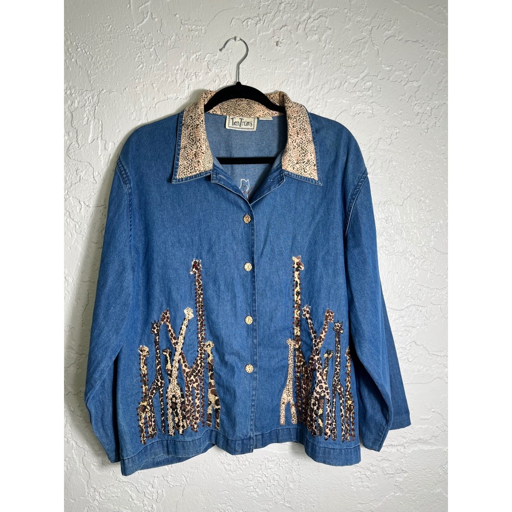 Vintage TanTrums Giraffe Applique Denim Jacket Beaded Animal Print Shirt M